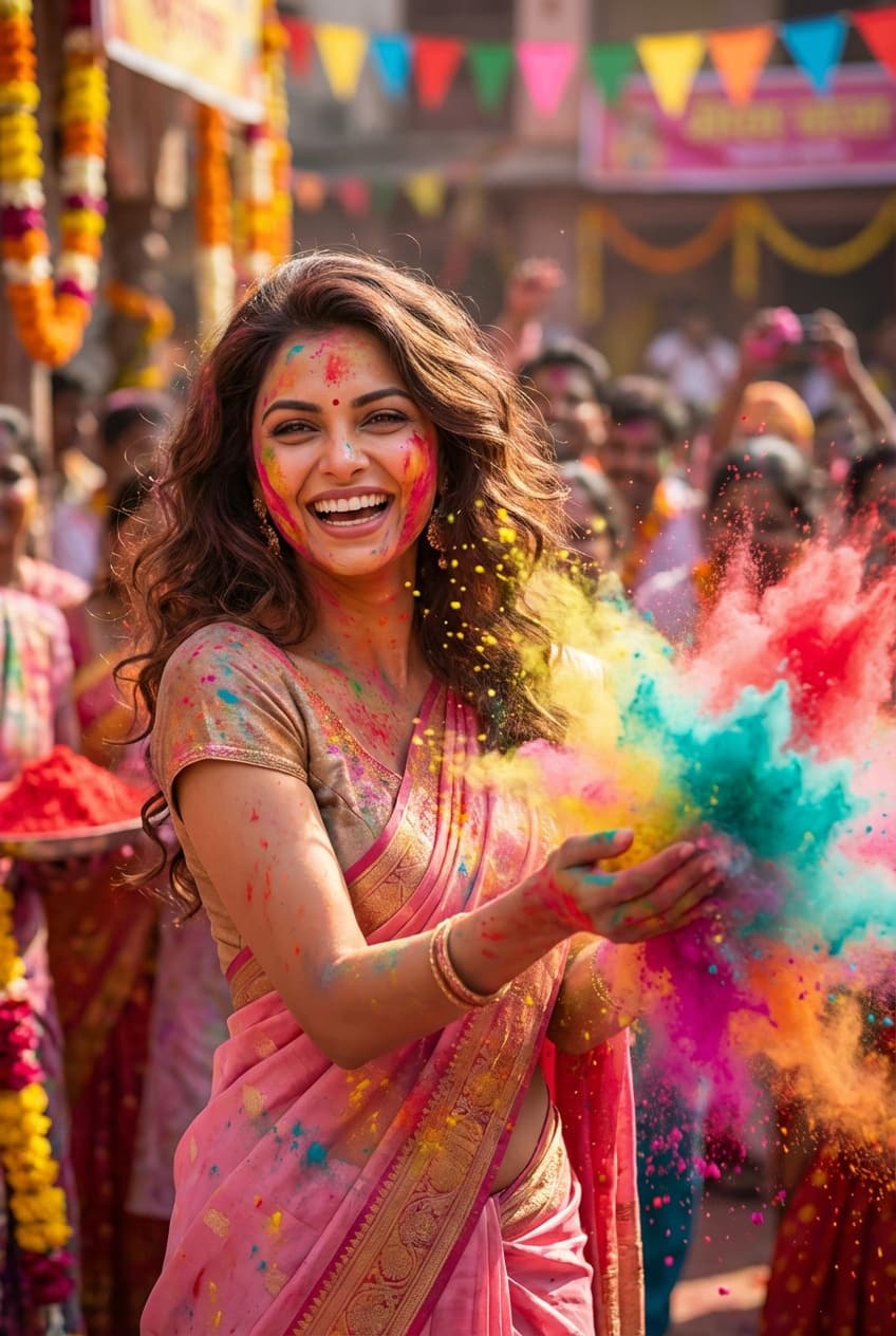 Photorealistic mid-shot Holi