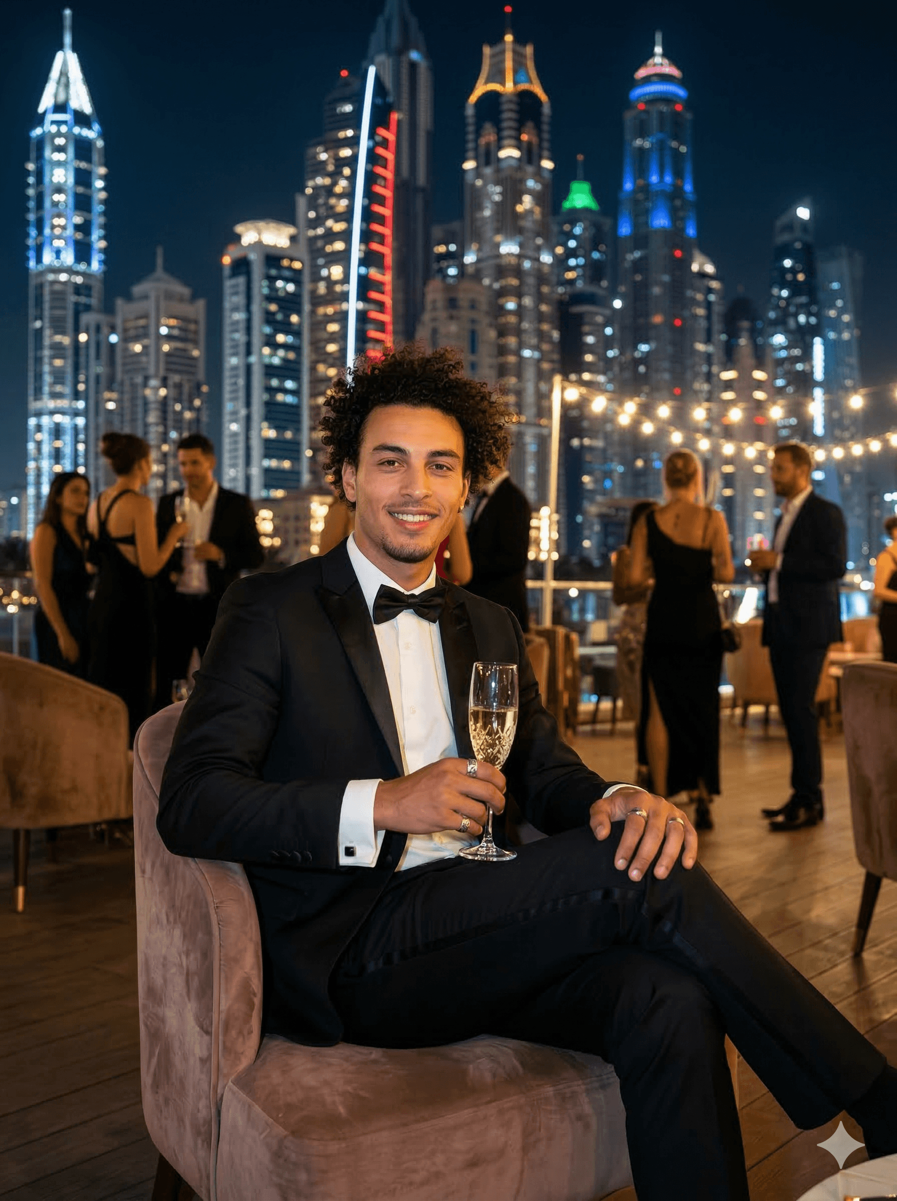 Elegant tuxedo holding a glass of champagne